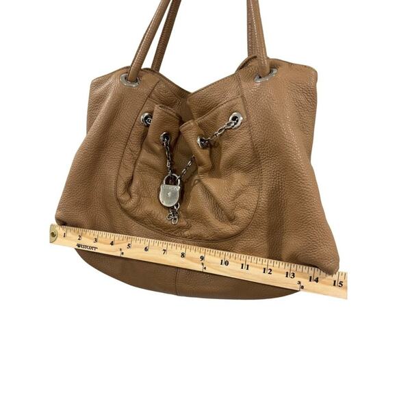 Furla Tan Pebbled Leather Chain Lock Drawstring Satchel Shoulder Bag Y2K Boho - Picture 4 of 8